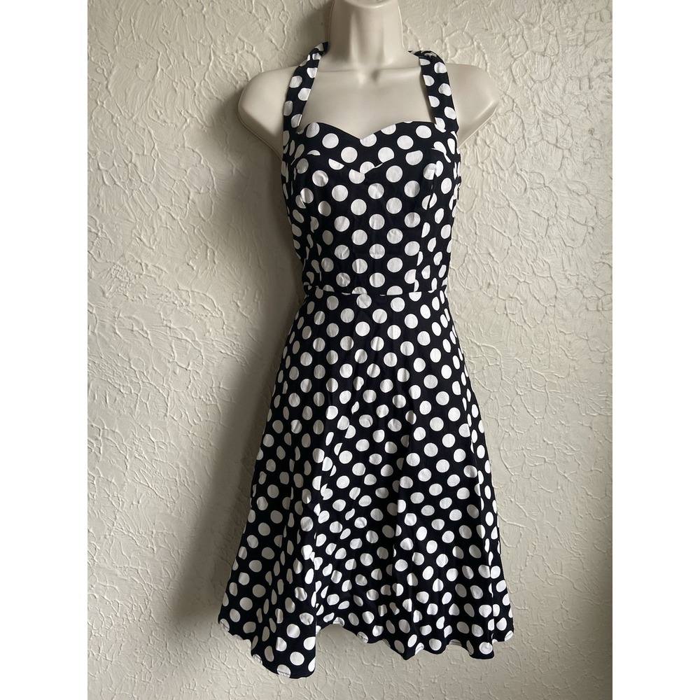 Pinup 60s Retro Black and White Polka Dot Halter Flare Party Dress - M/L